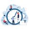 Managers adjusting clock hands. People using laptops, working on project together flat vector illustration. Time management, deadline concept for banner, website design or landing web page