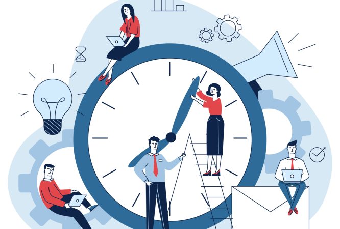 Managers adjusting clock hands. People using laptops, working on project together flat vector illustration. Time management, deadline concept for banner, website design or landing web page